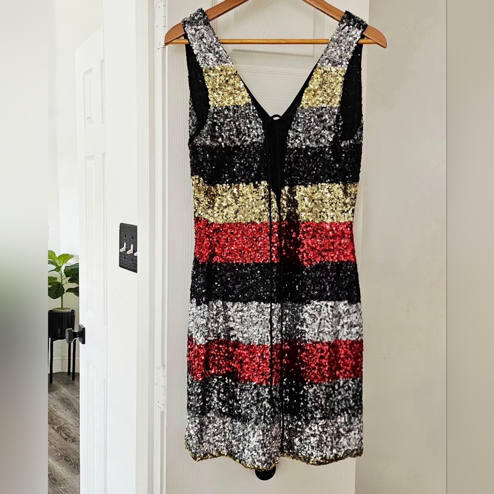 Black/Gold/Red/Silver Striped Sequin Mini Dress - Picture 3 of 5